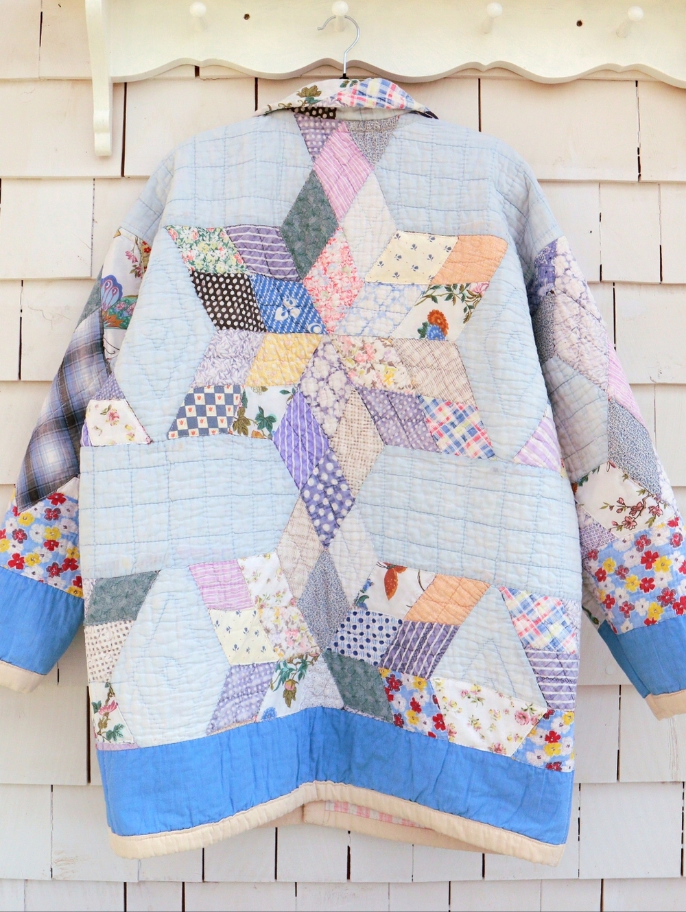 Upcycled Patchwork Quilt Coat Vintage Blanket Light Blue L • XL - Picture 4 of 12